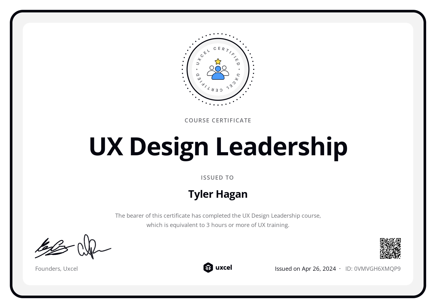Tyler Hagan's certificate
